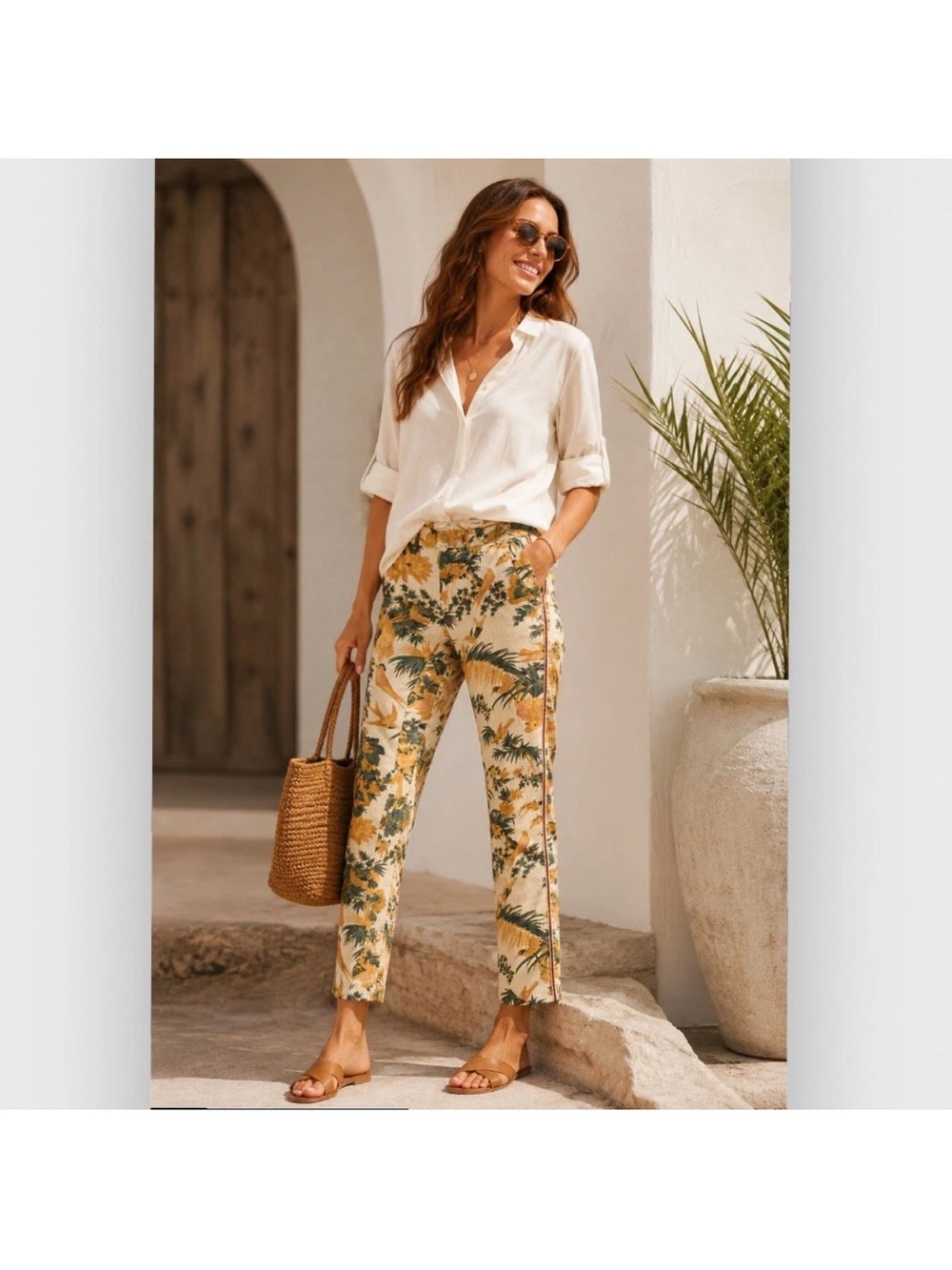 Anthropologie Cream Tropical-Print relaxed chino Pants 26 NWT